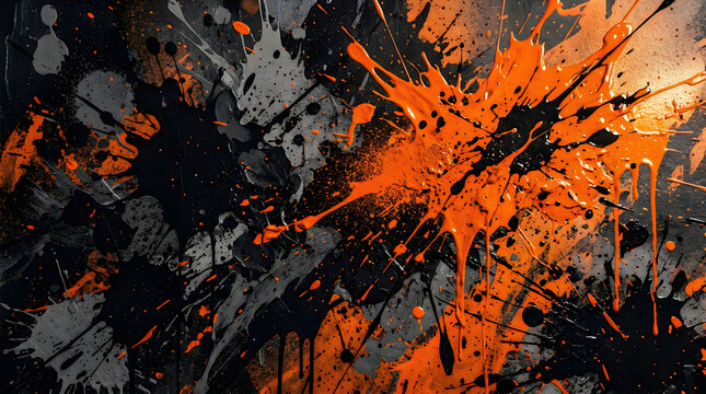Abstract paint splatter texture in orange and black with splatter, abstract