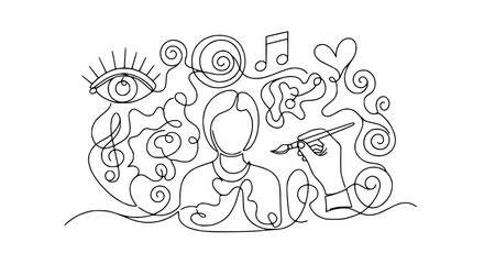 Fototapeta premium Creative Mind Abstract Art Collage of Symbols and Person, Single Line Drawing