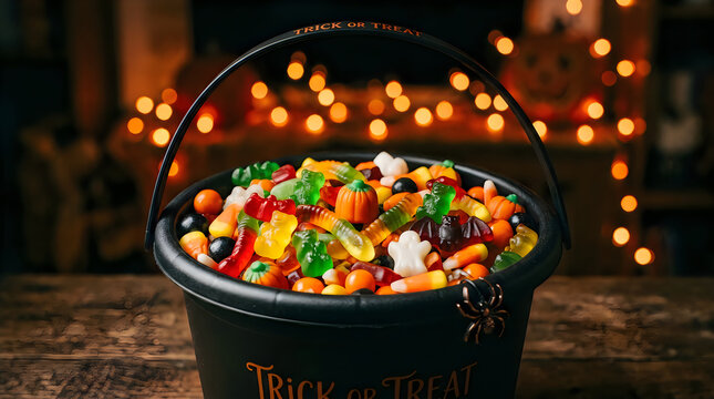 Black trick or treat bucket full of assorted halloween candy and sweets