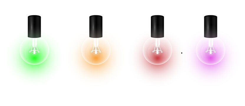 Colorful Glowing LED Light Bulbs, neon indicator lights, electronic estates elements, transparent background