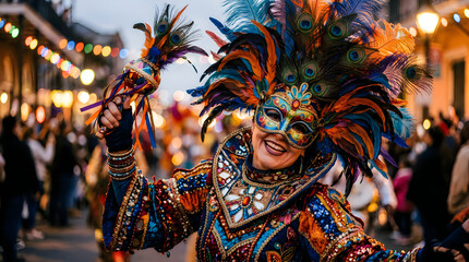 Fototapeta premium Dancer in colorful masquerade costume at night festival with carnival, festival
