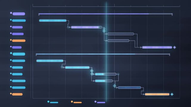 Animated Gantt Chart Project Timeline With Filling Progress Bars and Dependency Arrows, Seamless Loop in calm indigo tones