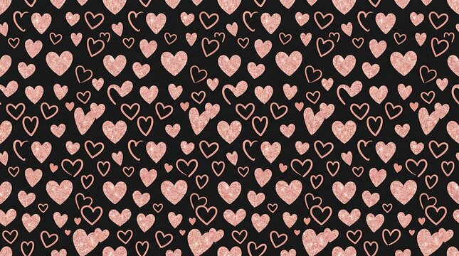 Rose gold glitter hearts seamless pattern on black background