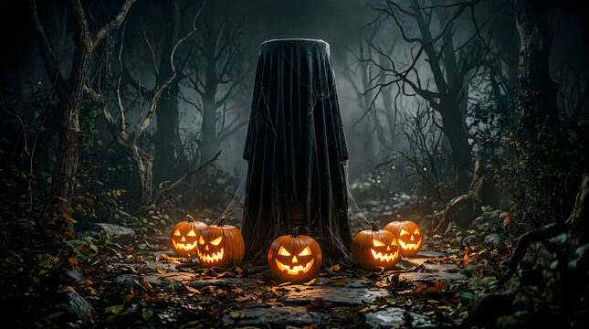 Spooky glowing jack o lanterns in dark forest at night with halloween, seasonal