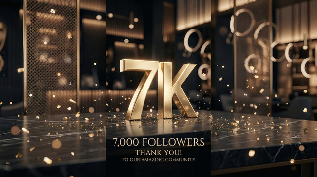 7K Followers Celebration With Gold Typography and Confetti on Luxurious Dark Marble Surface