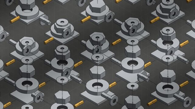 Isometric Exploded View of Machine Parts Separating and Reassembling, Flat Three Tone Seamless Loop in deep graphite tones