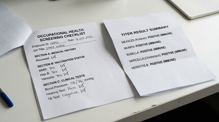Fototapeta premium Occupational health screening checklist resting beside a folded hepatitis B titer result