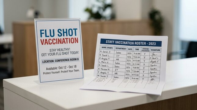 Flu shot signage resting beside a folded staff vaccination roster