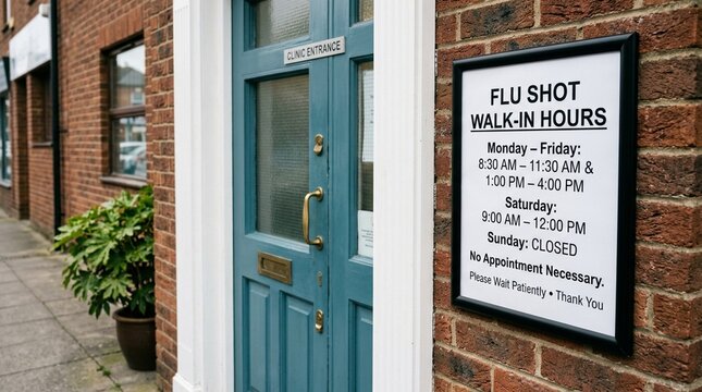 Flu shot walk-in hours sign posted beside a clinic entrance door