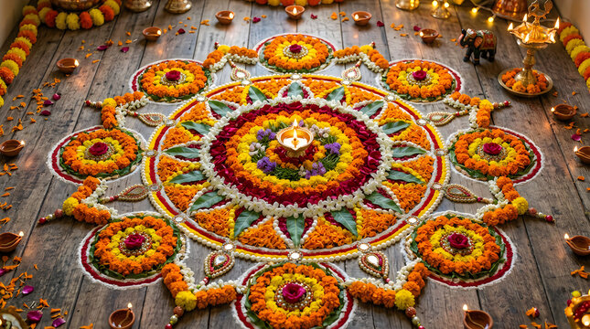 Flower rangoli art pattern for diwali festival decoration with festival