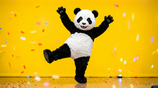 Funny panda mascot character dancing at celebration party with confetti