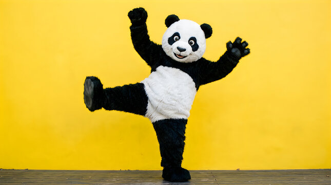 Energetic panda mascot dancing joyfully against bright yellow wall with cheerful