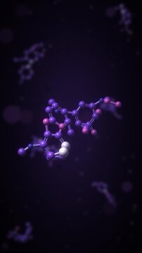 Rotating 3D molecule ball and stick model chemistry and pharmaceutical science background seamless loop in bright violet tones vertical 9:16