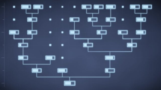 Org Chart Hierarchy Tree Diagram Growing From Root With Nodes Lighting In Sequence, Seamless Loop in soft indigo tones