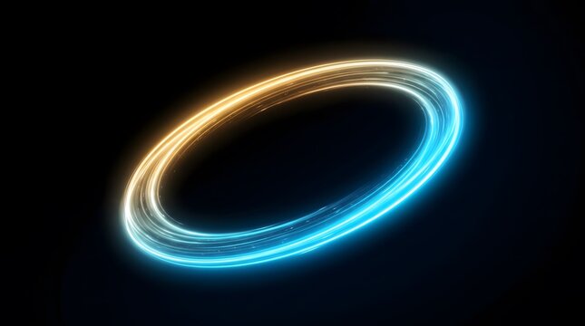 Abstract glowing ring with blue and orange light trails spinning in a dark background creating a futuristic motion effect for modern digital design