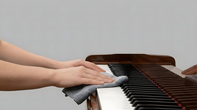 Person Cleaning Piano Keys with Microfiber Cloth in Soft Lighting