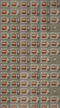 Electromagnetic Relay Bank With Snapping Armatures and Stepping Selectors, Seamless Loop in vibrant cream tones vertical 9:16
