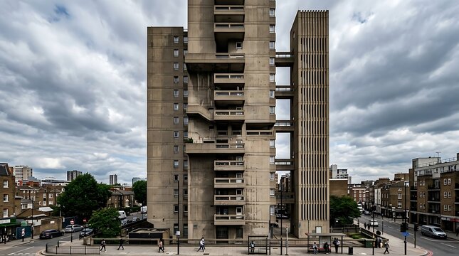 Brutalist concrete residential tower block under a cloudy sky