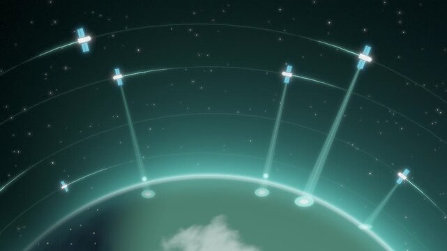 Satellites orbiting Earth with signal beams and orbital trails seamless loop in soft teal tones