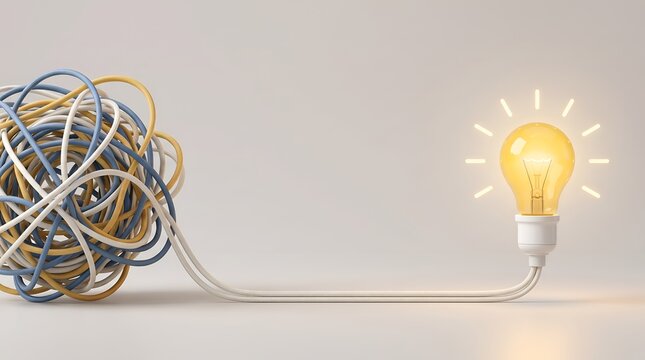 Simplifying complexity visualization showing a tangled ball of colorful wires turning into a straight path to a bright idea