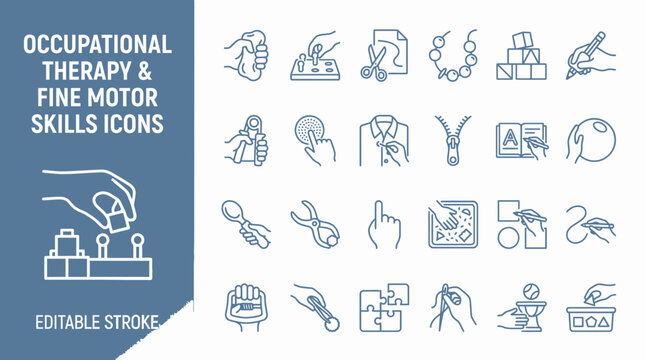 Occupational therapy and fine motor skills icons set, 24 line vector symbols for pediatric rehabilitation and physical development, blue stroke icons for hand coordination and dexterity