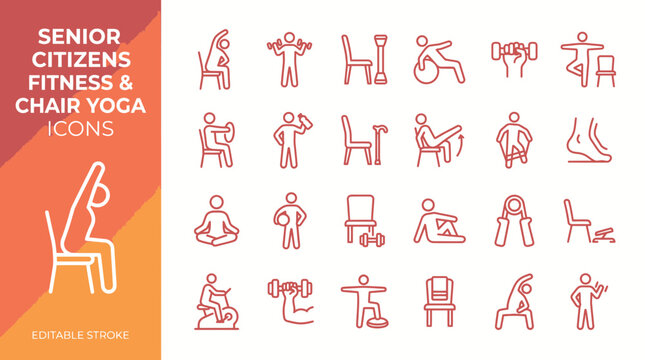 Senior citizens fitness and chair yoga icons set, elderly workout and rehabilitation exercises vector collection, red line art symbols for geriatric health and physical therapy