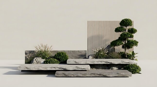 Minimalist stone platform for product display at a gartenausstellung featuring Japanese zen garden elements with natural rock surfaces and bonsai tree