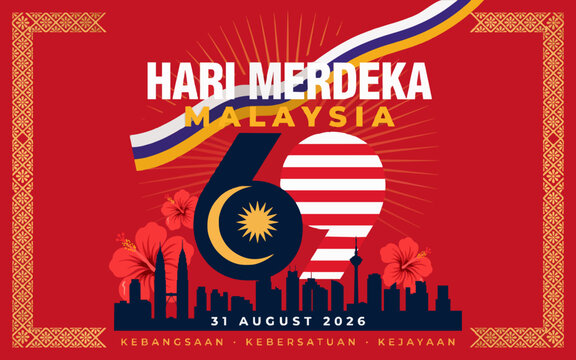 Patriotic Malaysia Merdeka 2026 poster featuring national symbols, skyline, hibiscus flowers, crescent moon, and vibrant red and blue colors celebrating Independence Day.