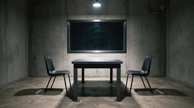 Empty and Stark Police Interrogation Room with Table, Chairs, and One-Way Mirror