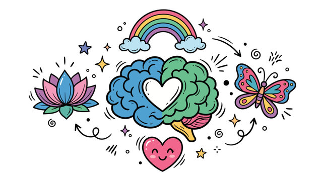 Hand drawn doodle illustration depicting mental health emotional intelligence brain balance rainbow lotus butterfly and heart elements isolated on white background