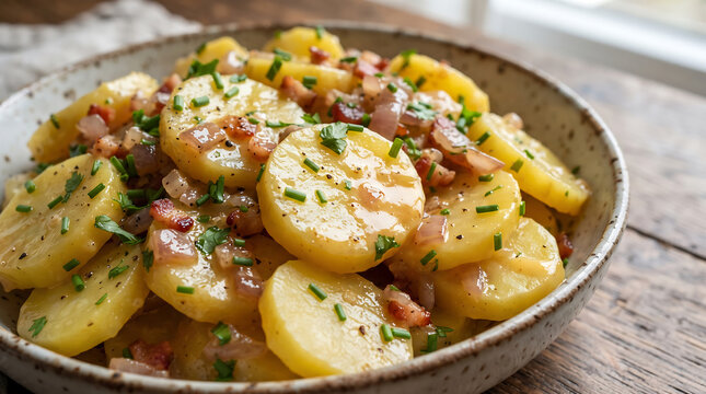 Traditional German potato salad with crispy bacon, onions, and fresh chives served in a rustic ceramic bowl on a wooden table surface