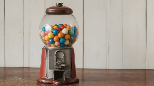 Vintage Red Gumball Machine on Wooden Table