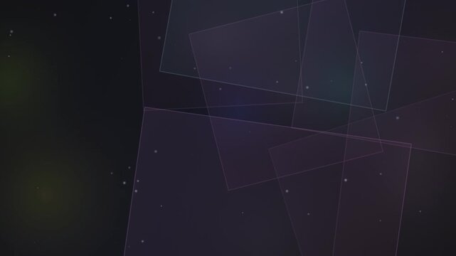 Floating transparent geometric squares motion background featuring slow pulsing light particles moving across dark deep space depth.