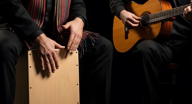 Musicians playing a cajon drum and a classical guitar on a dark stage.