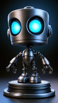 A shiny robot toy figure with blue glowing eyes, standing on a circular base against a dark backdrop