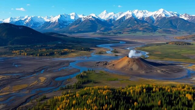 Aerial view of a steaming volcanic cone surrounded by meandering rivers, autumn forests, and snow-capped mountains