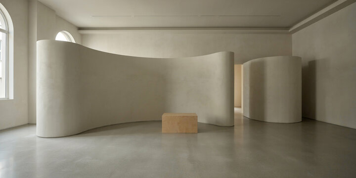 Empty room with minimalist beige wall featuring organic recessed shapes and a circular inset bathed in natural sunlight