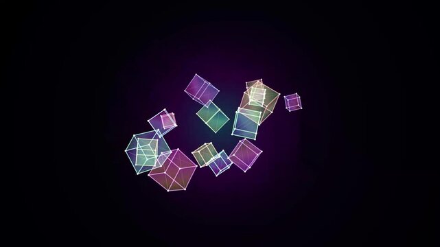 Abstract 3D geometric wireframe cubes floating on a dark background with vibrant purple and green gradient colors