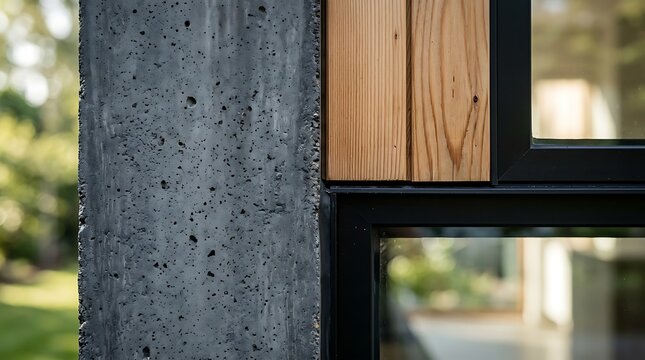 Modern architectural detail of concrete wood and black window frame
