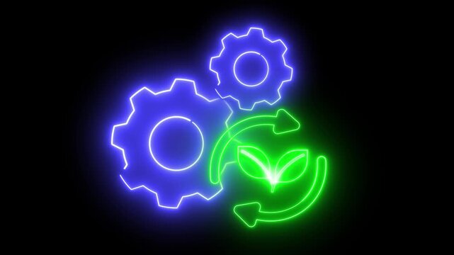Neon gears glow blue, turning toward green plant symbol. Green arrows loop around, showing growth and renewal. Black background makes glowing elements stand out. Ideal for sustainability, eco-tech