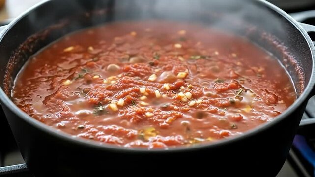 Rich, simmering tomato sauce with garlic and herbs cooking in a dark pot on a stovetop.