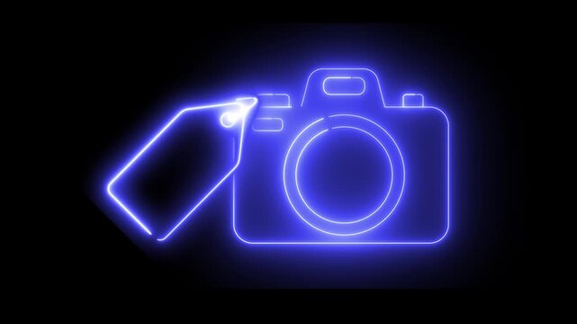 Neon blue camera icon glows softly against a pitch-black background. Price tag hangs beside camera, glowing with same hue. Glowing outline pulses gently, drawing attention to both symbols