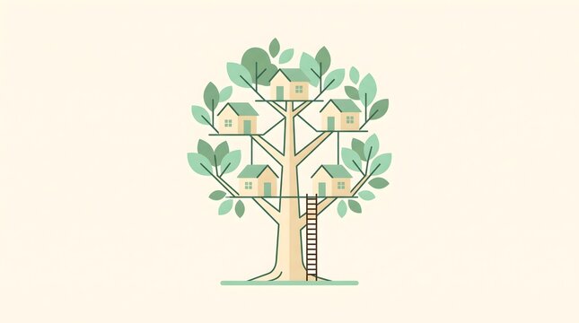 Productivity mind map tree with interconnected treehouses for brainstorming.