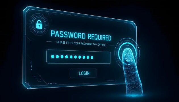 Futuristic Holographic Login Screen with Fingerprint Scanner and Password Required Message