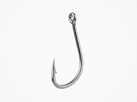 Sharp Silver Metal Fishing Hook Isolated on Plain White Background, Essential Angling Tackle Gear