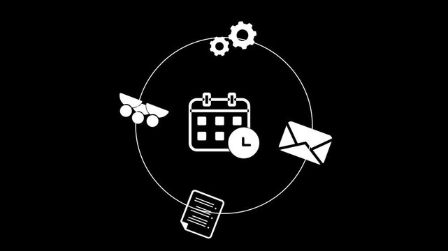 White icons spin around a central calendar. Gears, mail, and people orbit the schedule. Simple motion suggests planning and coordination. Ideal for business, project, or task management themes