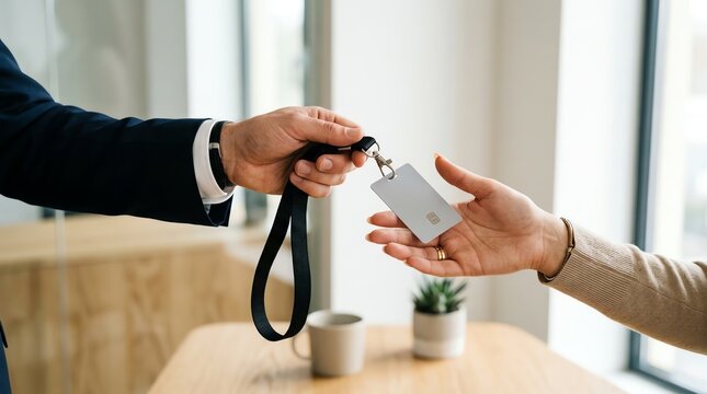 Professional Office Interaction Featuring a Business Manager Handing Over a Security Access Identification Badge to a New Employee