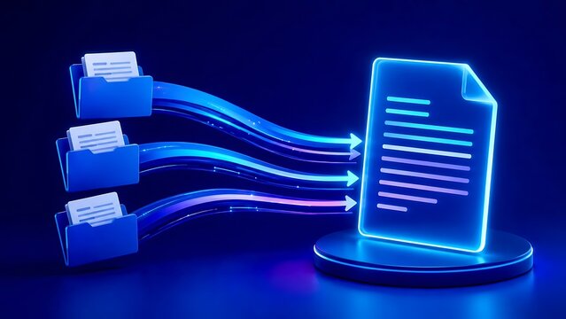 Futuristic digital data migration concept showing folders transferring documents into a single large glowing file representing information management