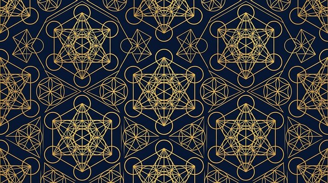 Golden sacred geometry pattern with metatron cubes on navy background