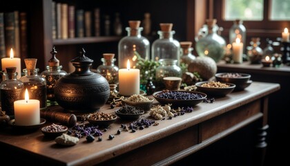 Fototapeta premium Mystical witch workshop table with lit candles, glass bottles, and bowls of dry herbs and potion ingredients 